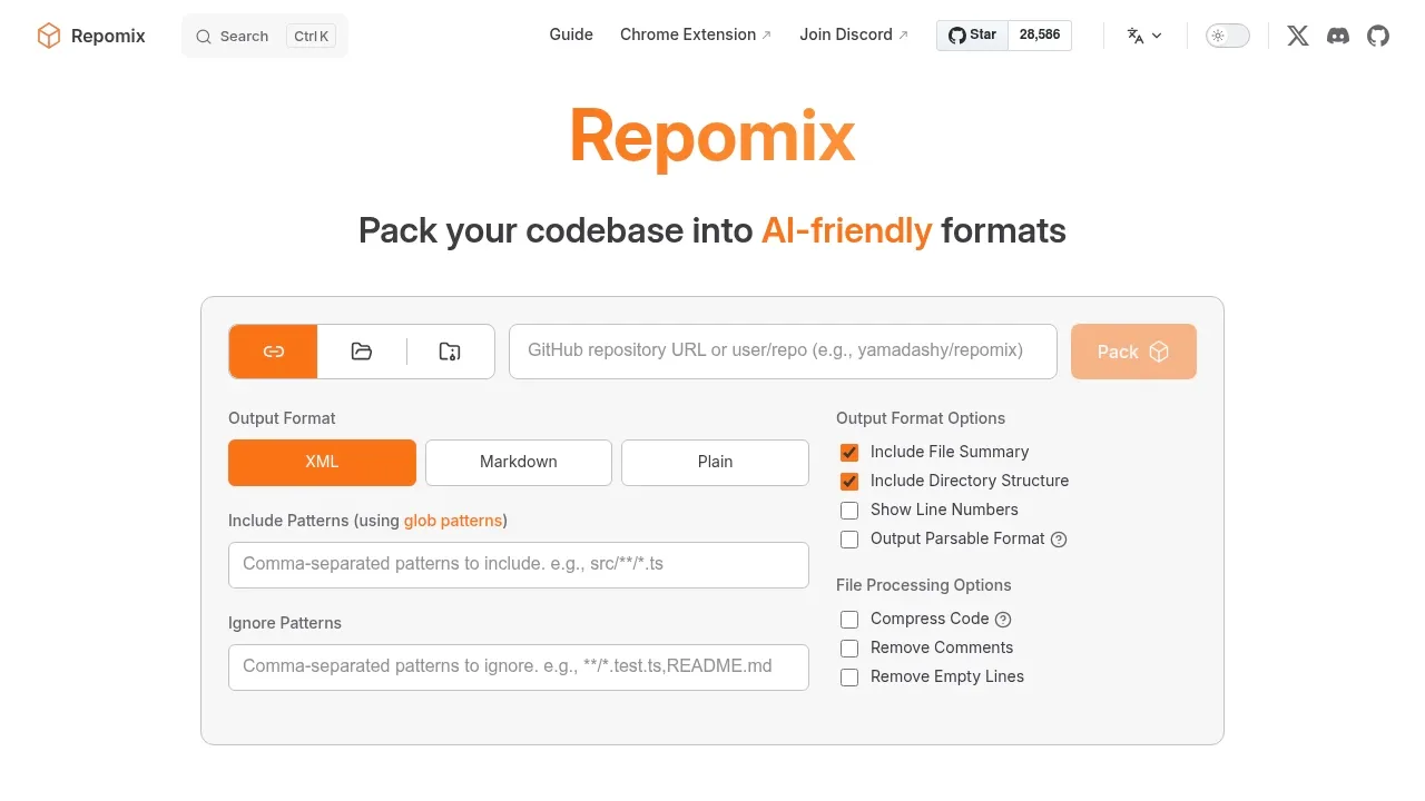 Screenshot of Repomix website