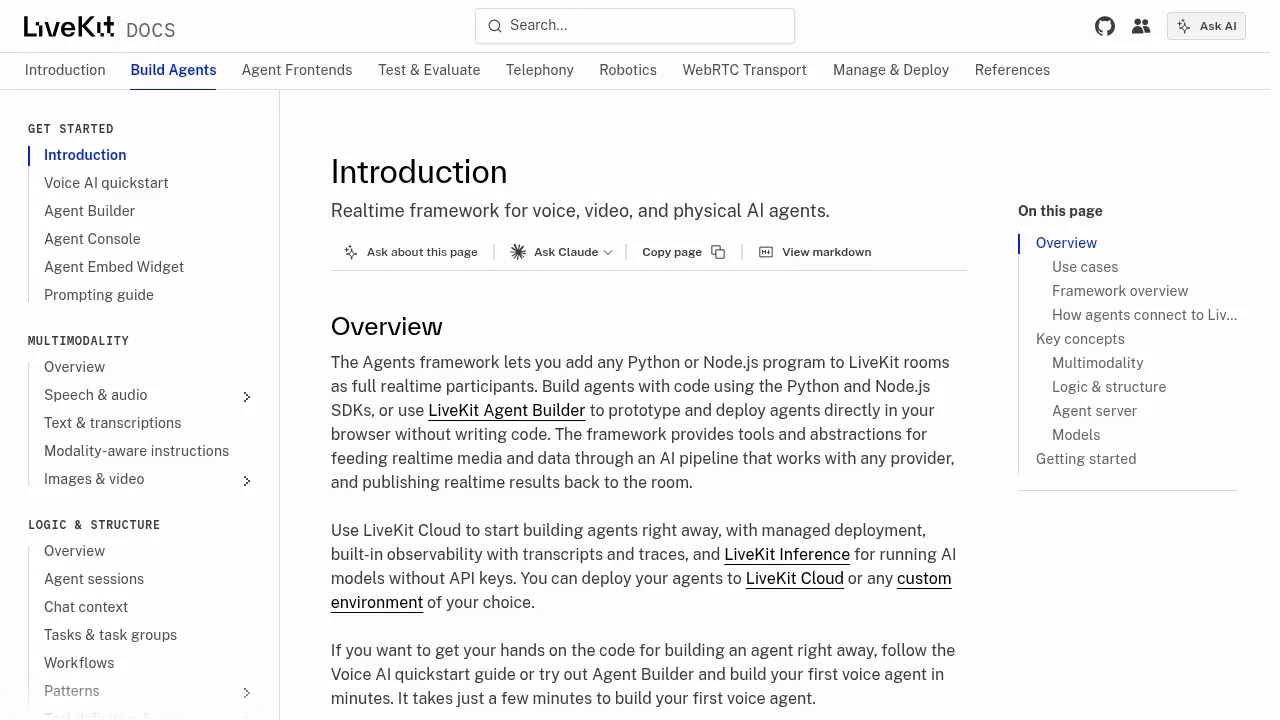 Screenshot of LiveKit Agents website