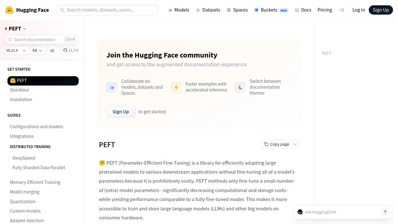 Screenshot of PEFT website