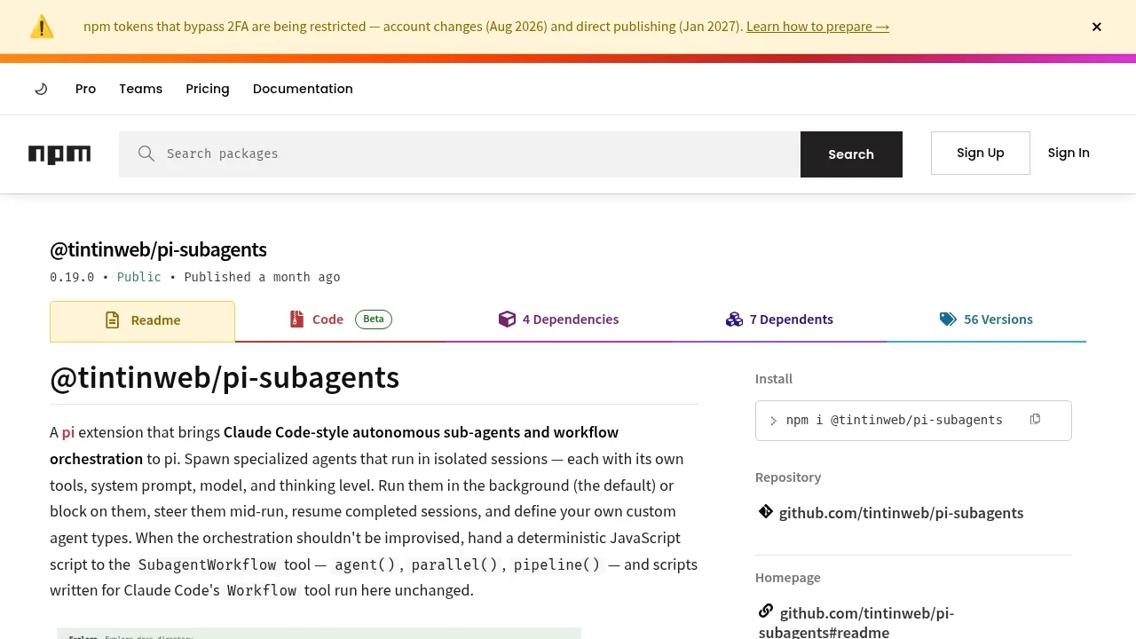 Screenshot of Pi Subagents website