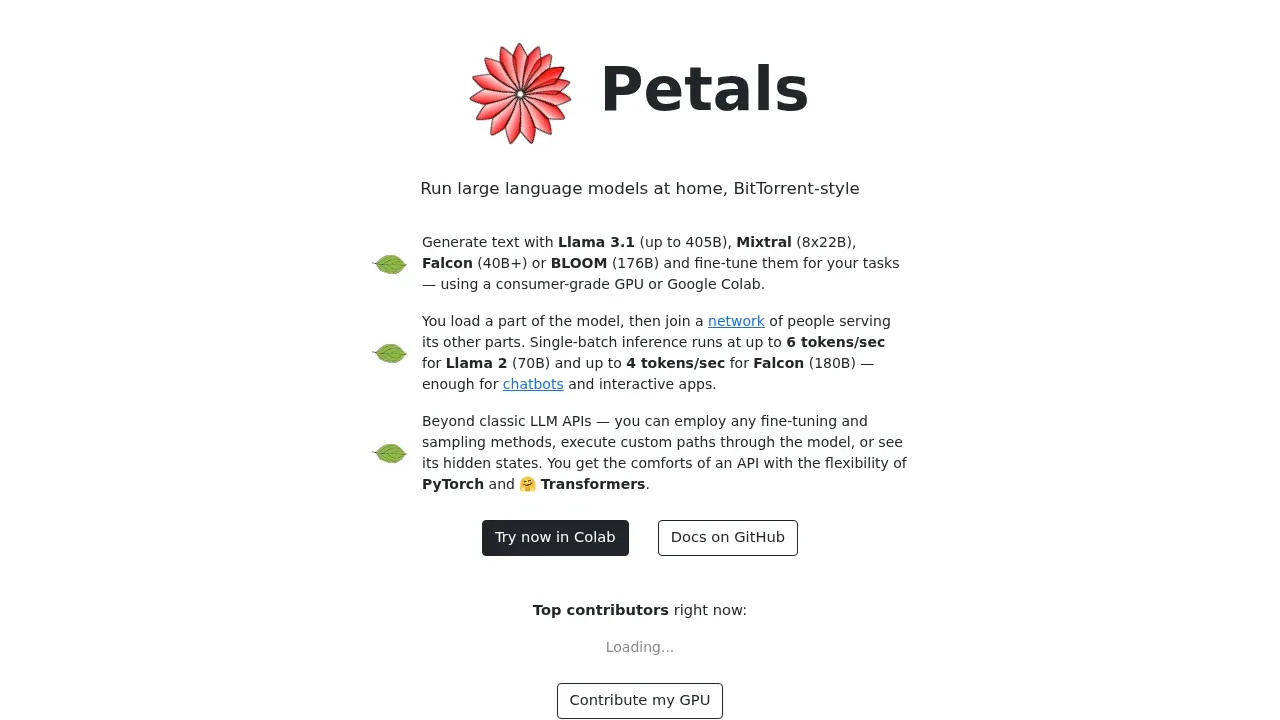 Screenshot of Petals website