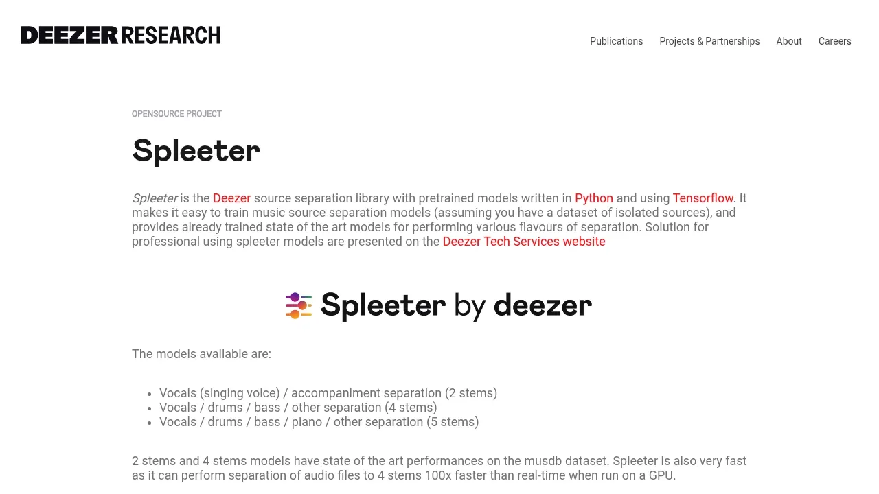 Screenshot of Spleeter website