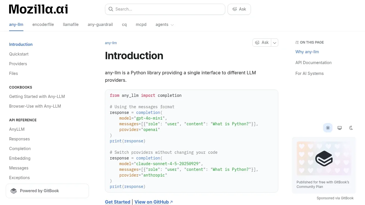 Screenshot of any-llm website