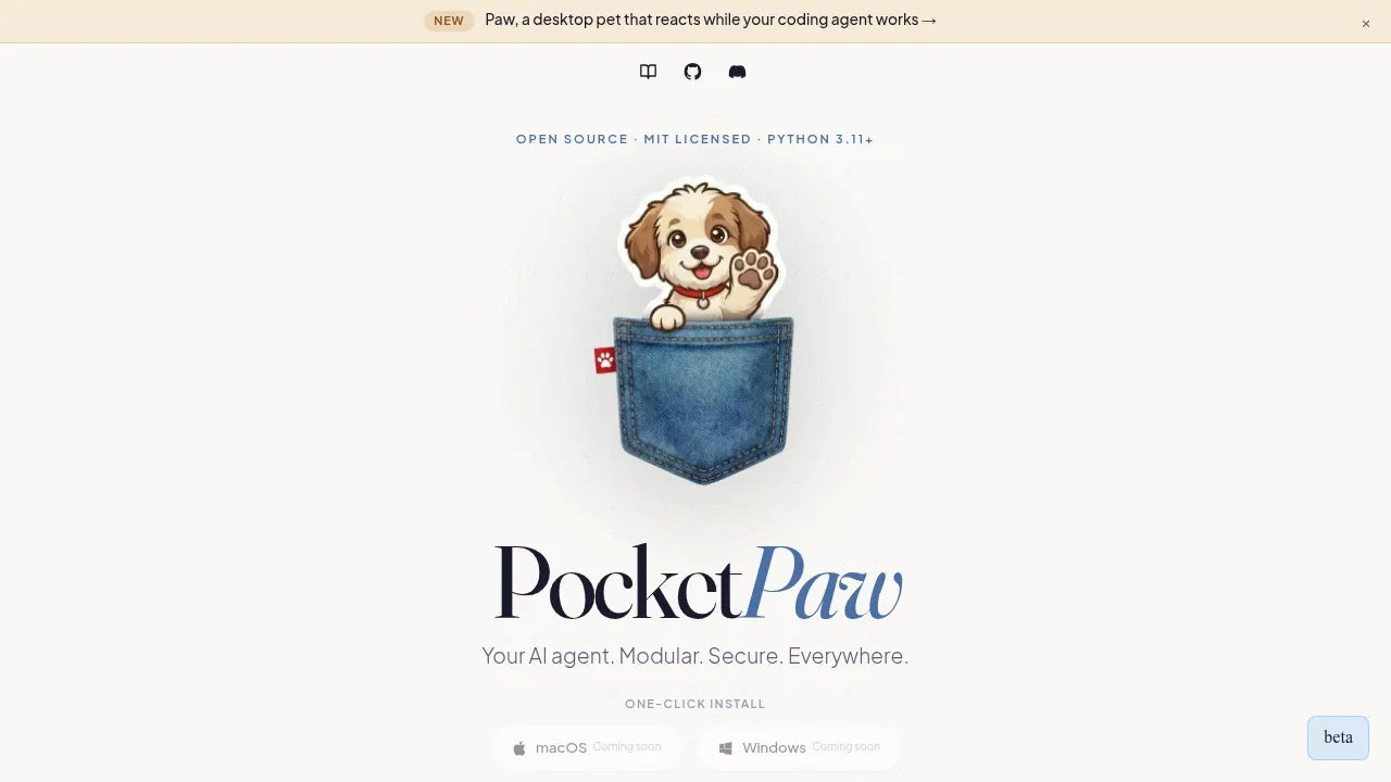 Screenshot of PocketPaw website