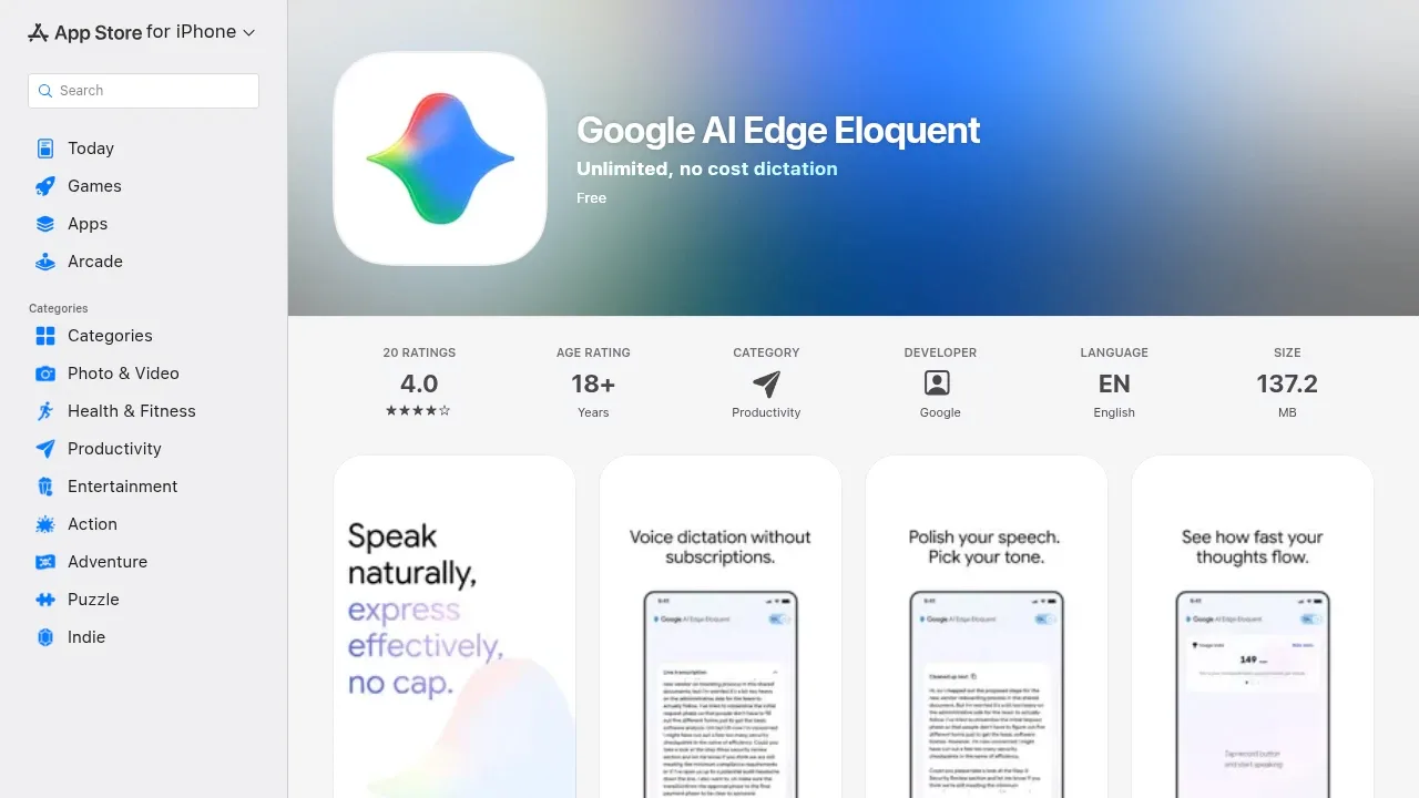 Screenshot of Google AI Edge Eloquent website