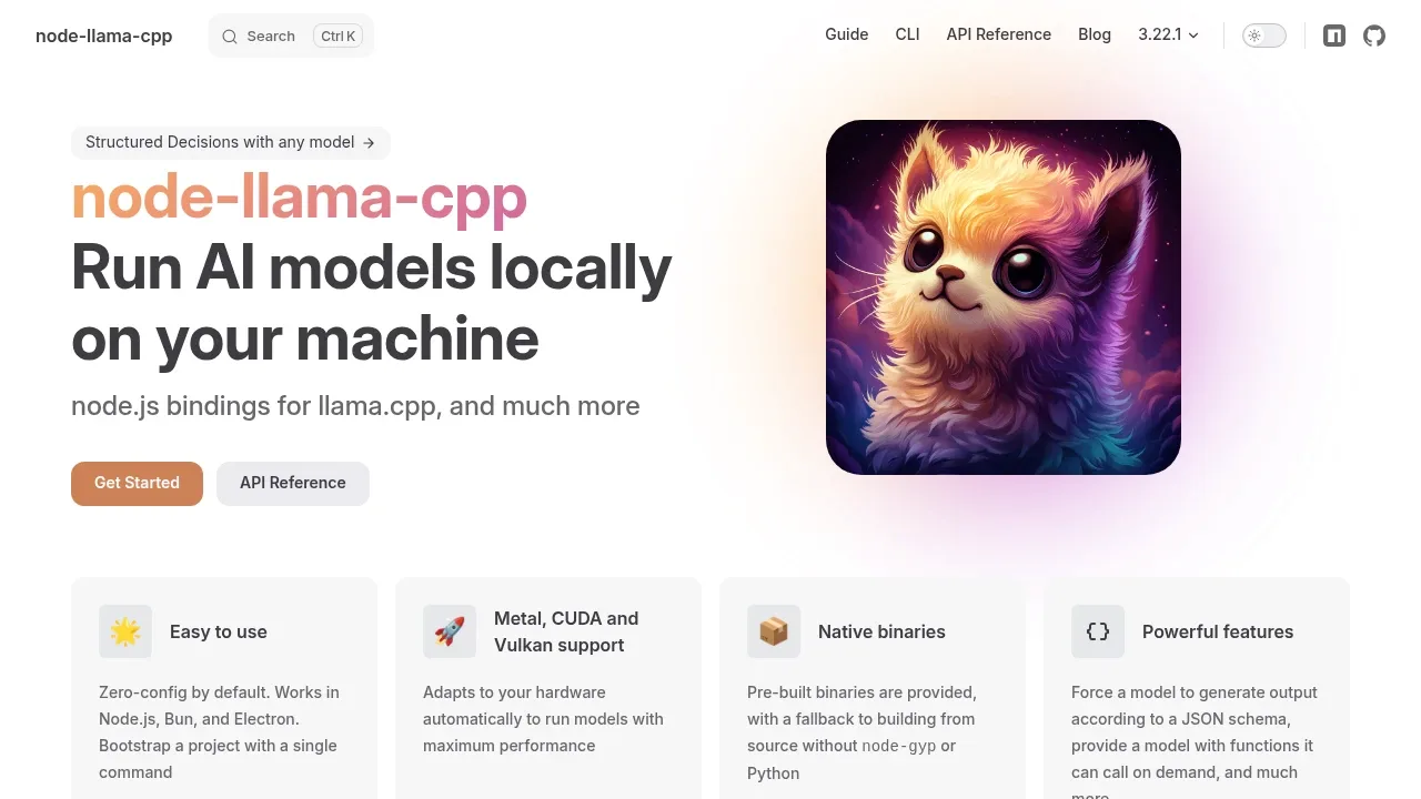 Screenshot of node-llama-cpp website