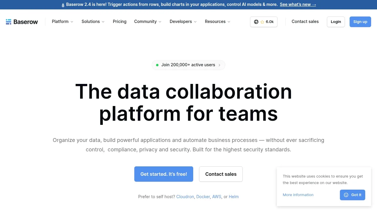 Screenshot of Baserow website