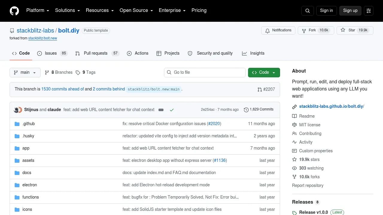 Screenshot of Bolt.diy website