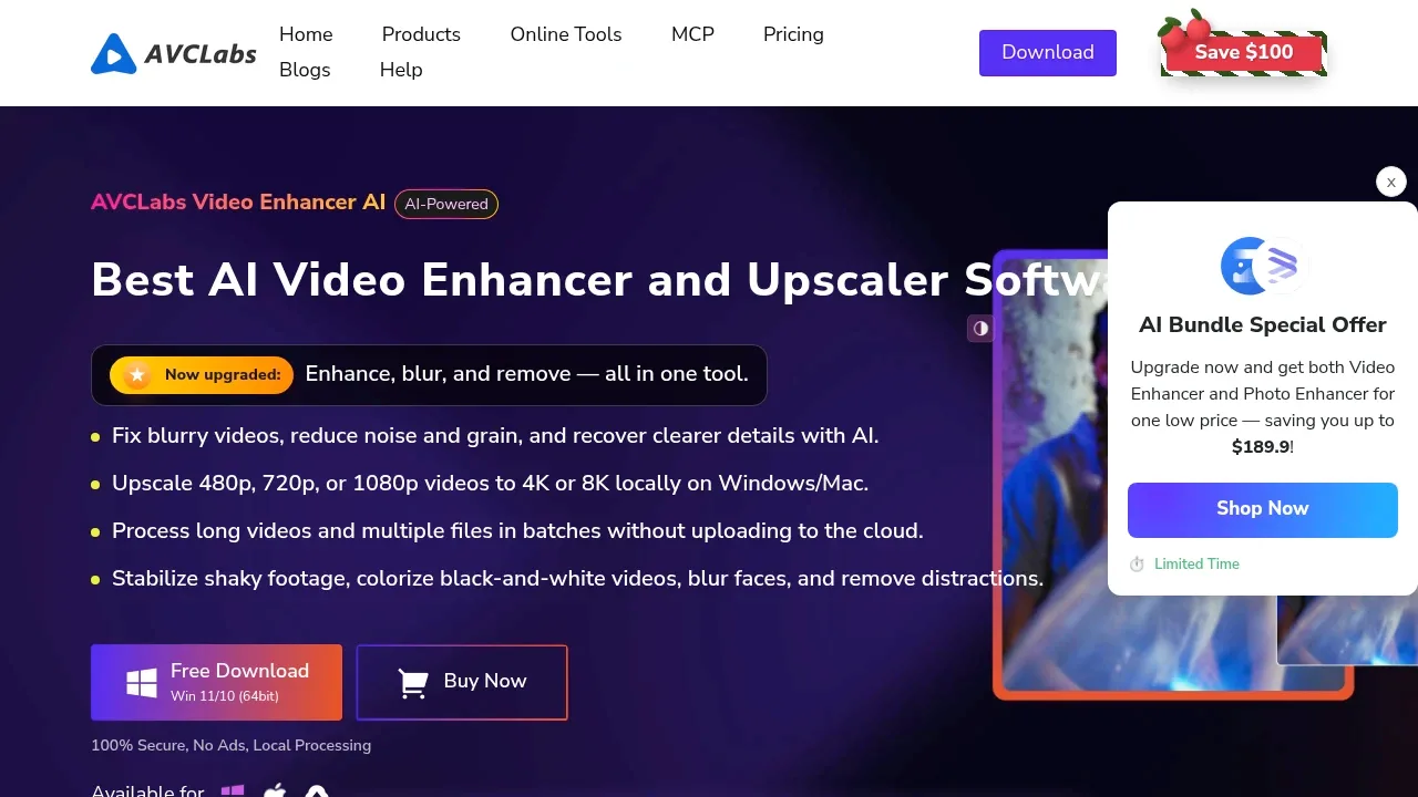 Screenshot of AVCLabs Video Enhancer AI website
