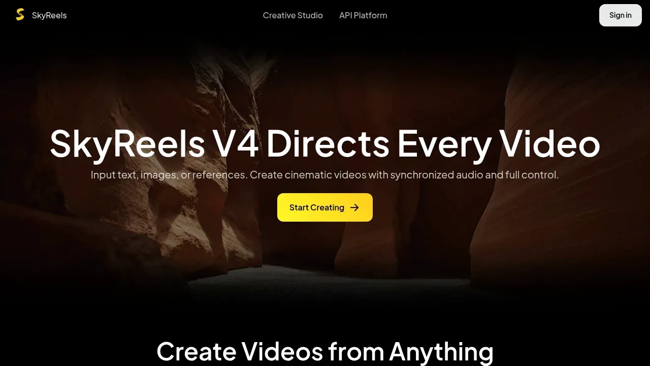 Screenshot of SkyReels website