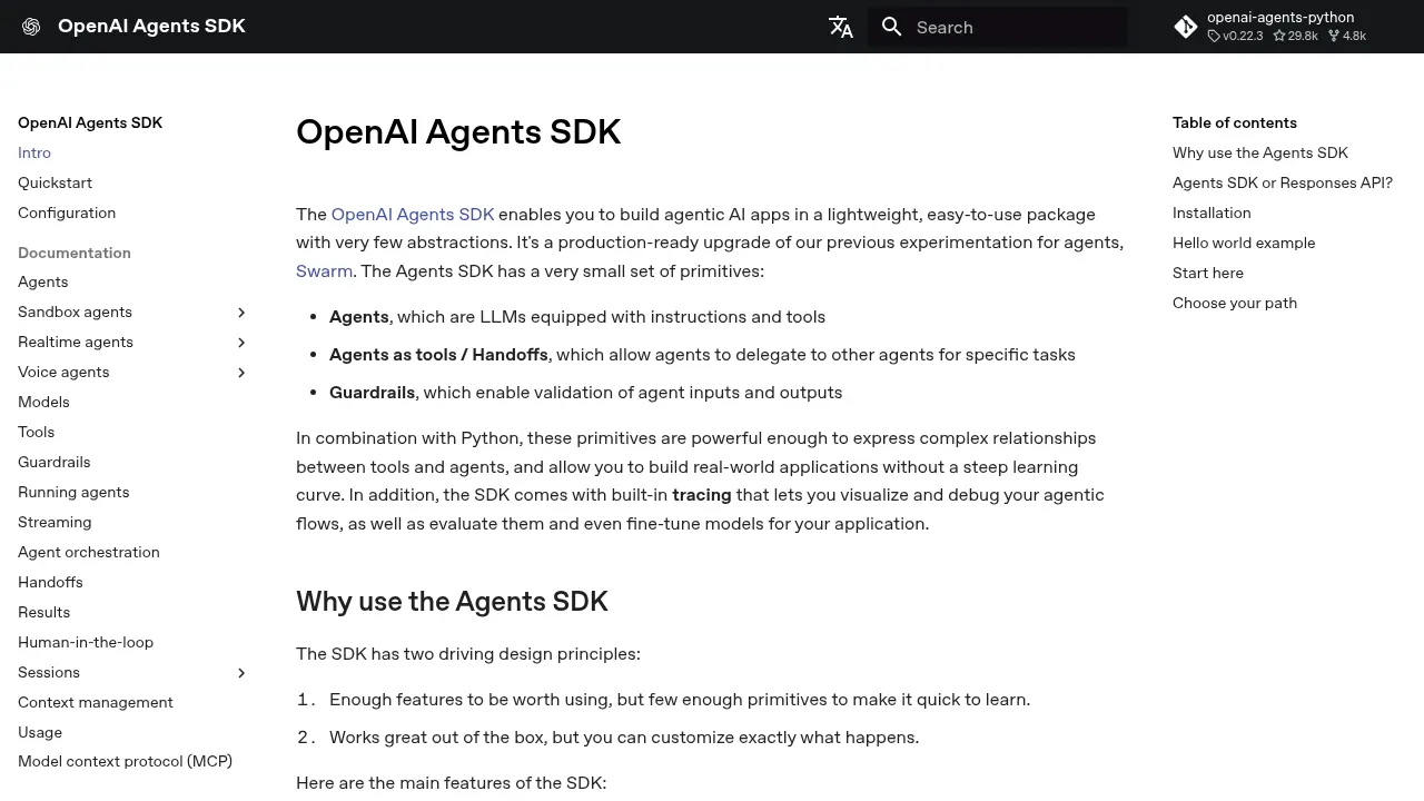 Screenshot of OpenAI Agents SDK website