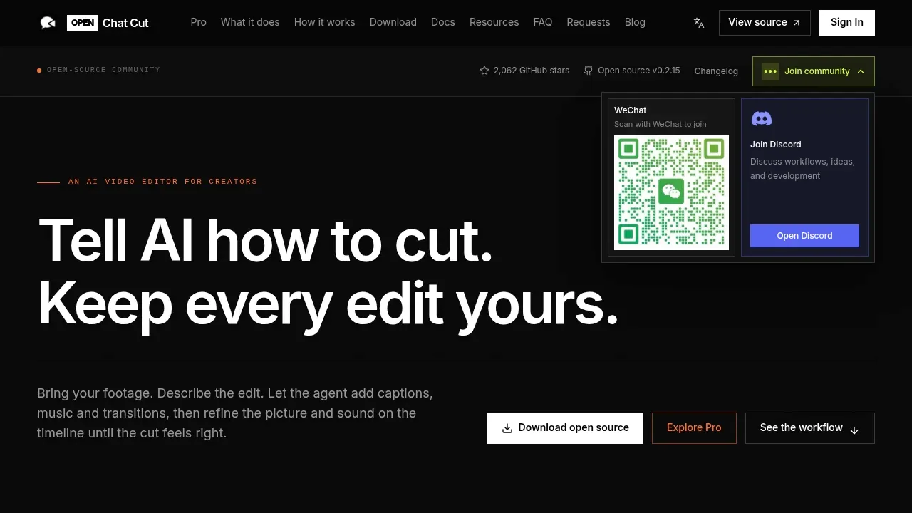 Screenshot of OpenChatCut website