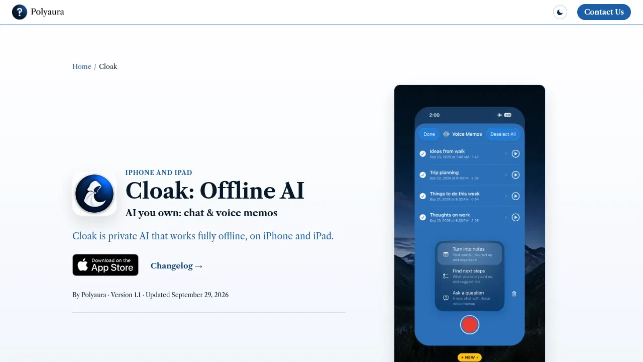 Screenshot of Cloak by Polyaura website