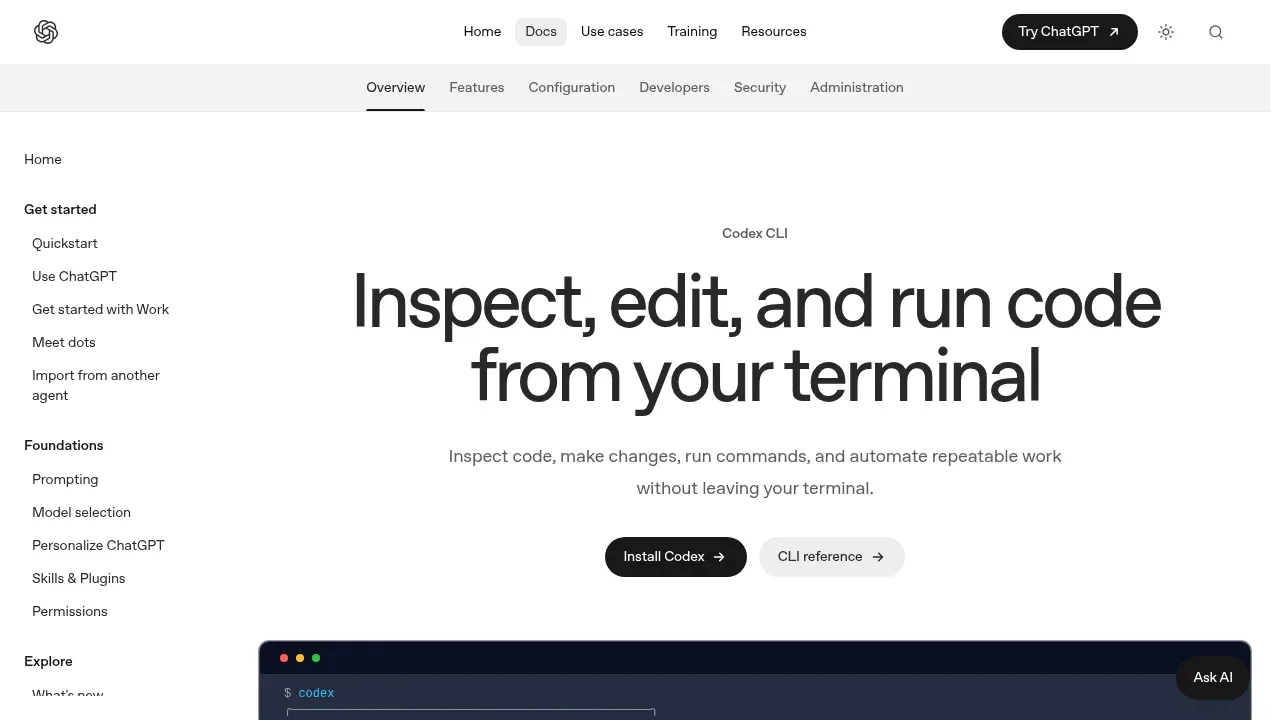 Screenshot of Codex CLI website
