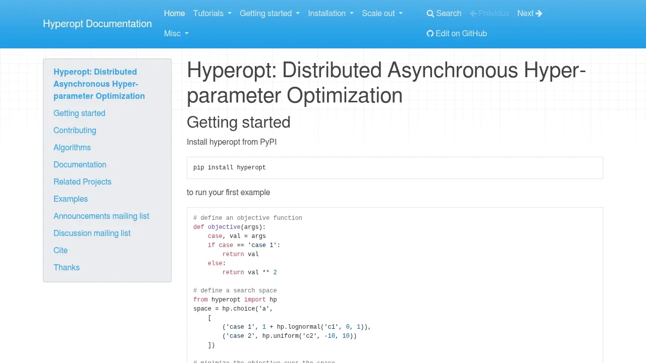 Screenshot of Hyperopt website
