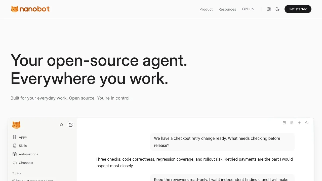 Screenshot of nanobot website