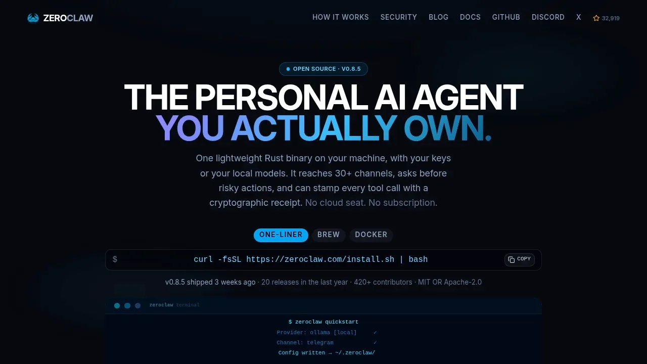 Screenshot of ZeroClaw website