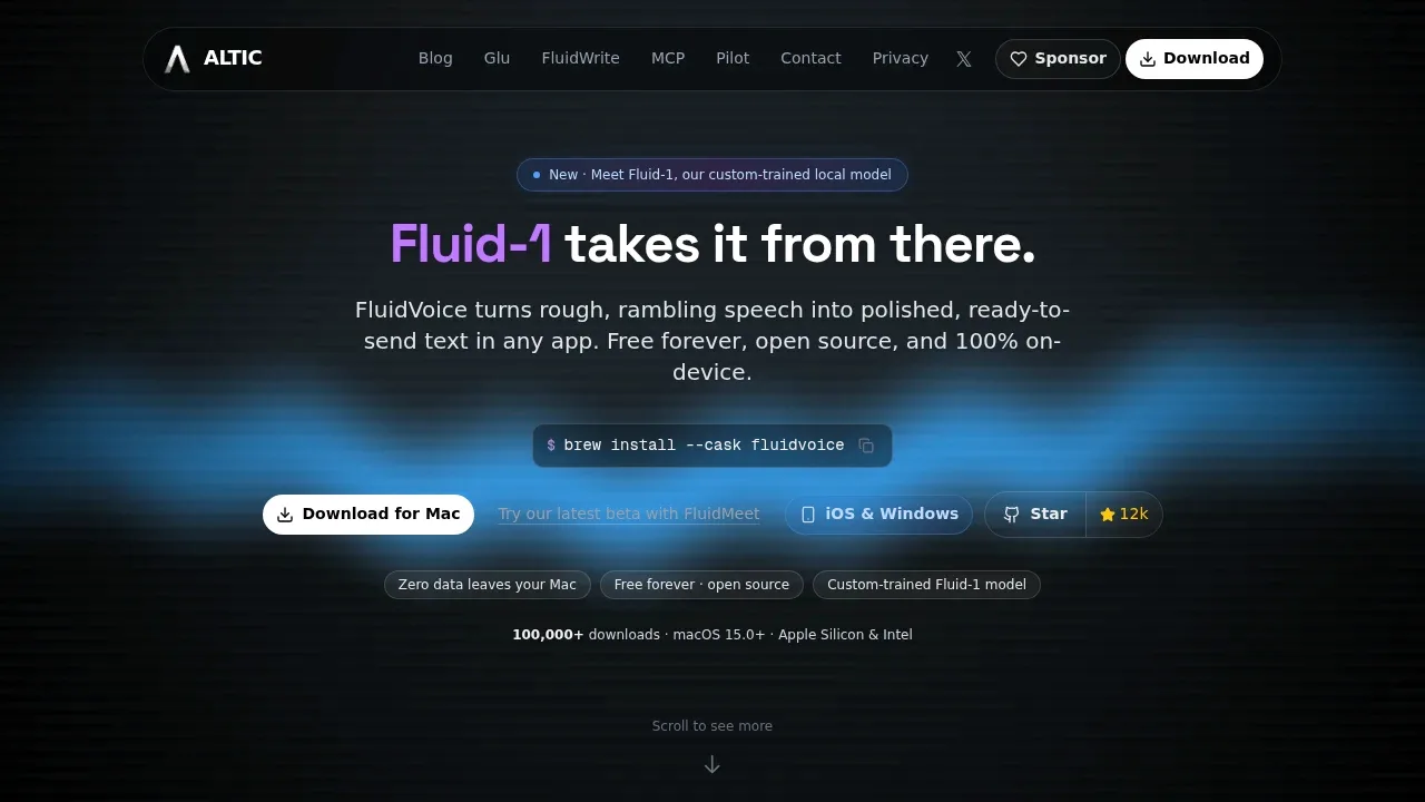 Screenshot of FluidVoice website