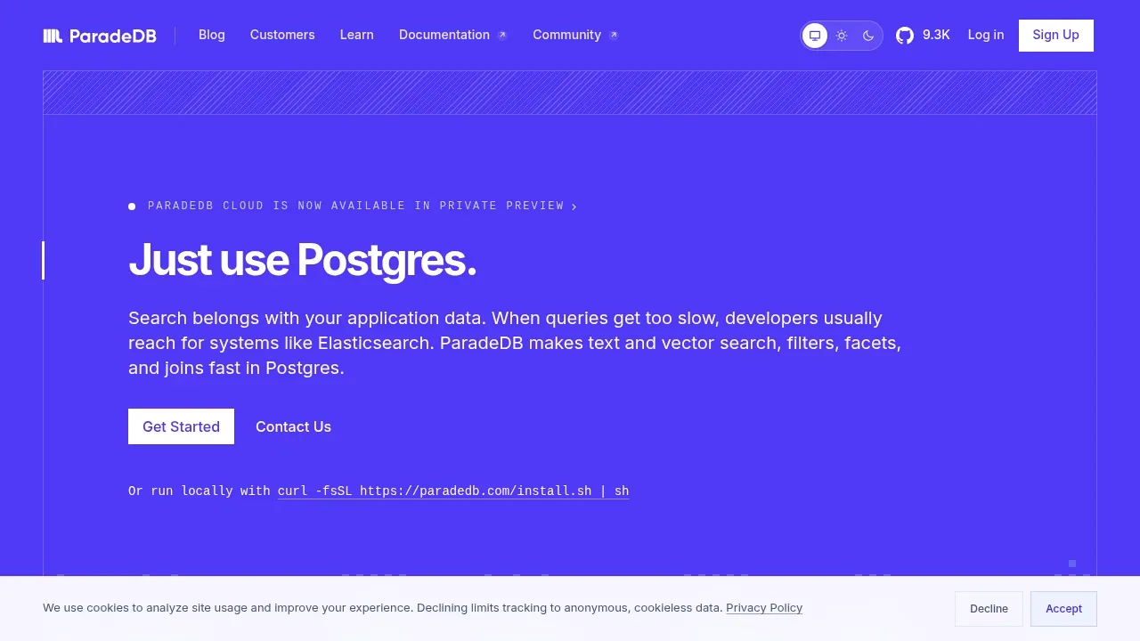 Screenshot of ParadeDB website