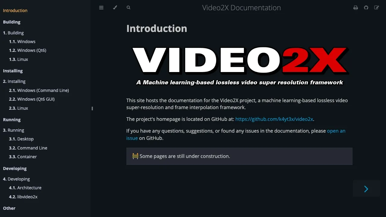 Screenshot of Video2X website