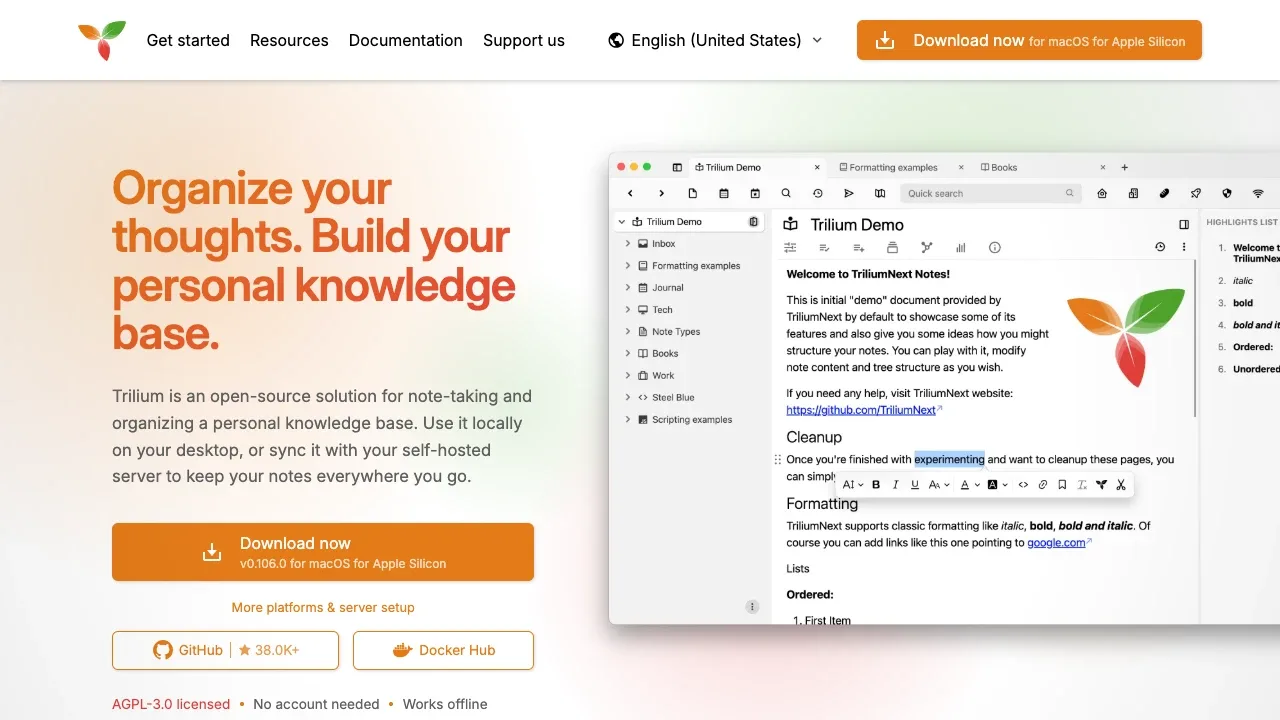 Screenshot of Trilium Notes website