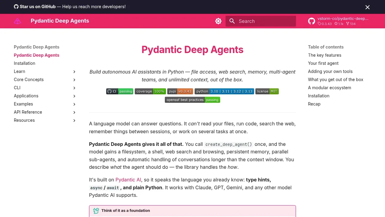 Screenshot of Pydantic DeepAgents website