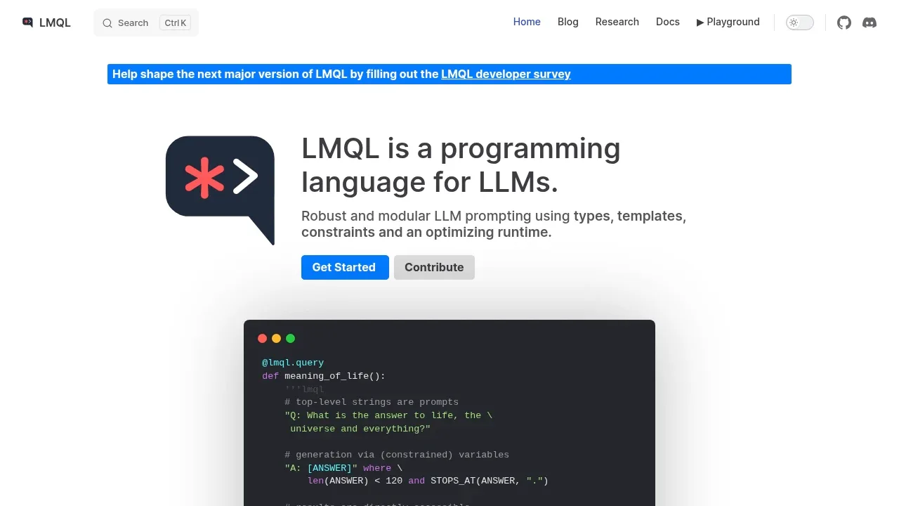 Screenshot of LMQL website
