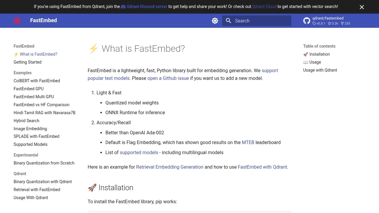 Screenshot of FastEmbed website