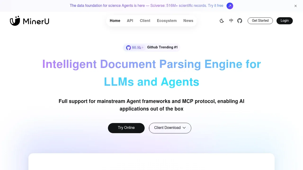 Screenshot of MinerU website