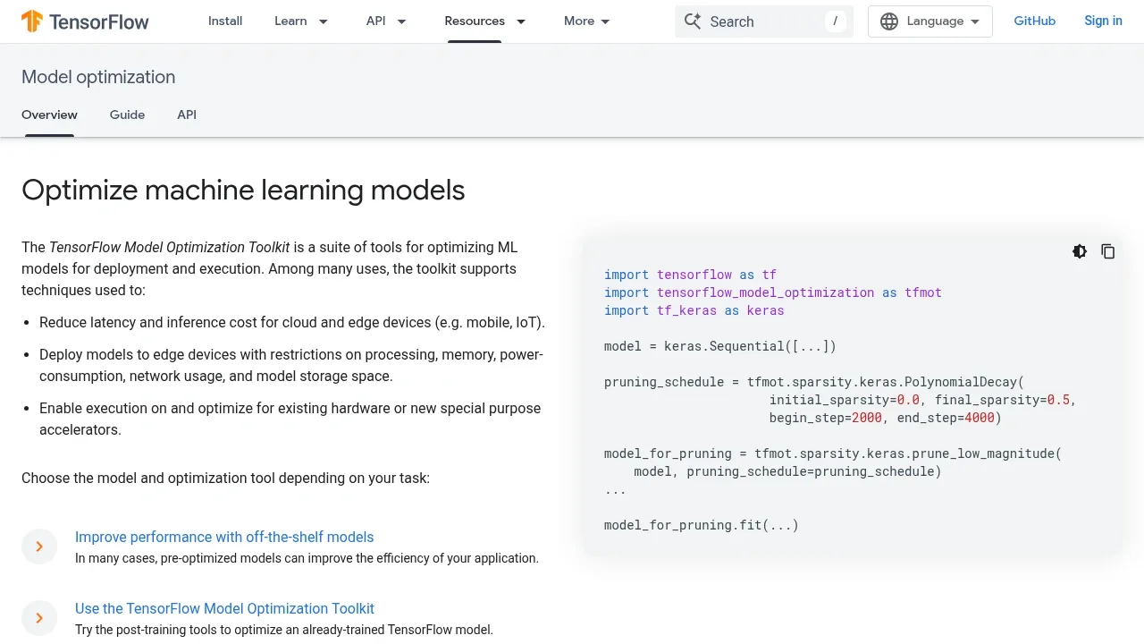 Screenshot of TensorFlow Model Optimization Toolkit website