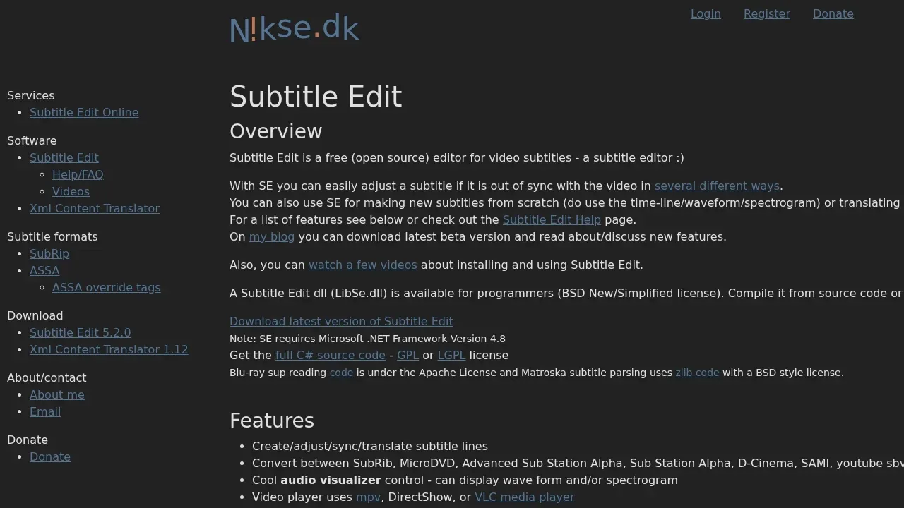Screenshot of Subtitle Edit website