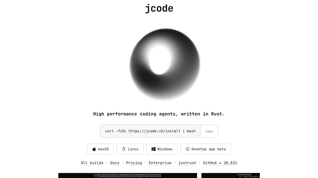 Screenshot of jcode website