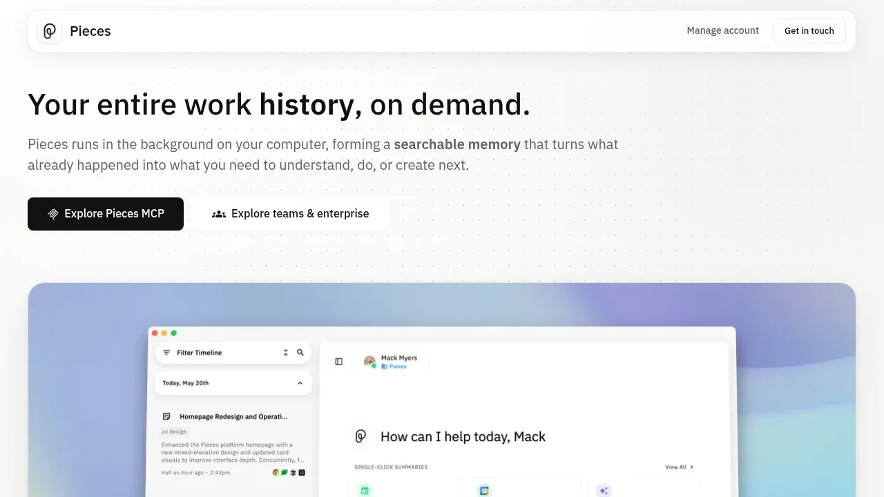 Screenshot of Pieces website