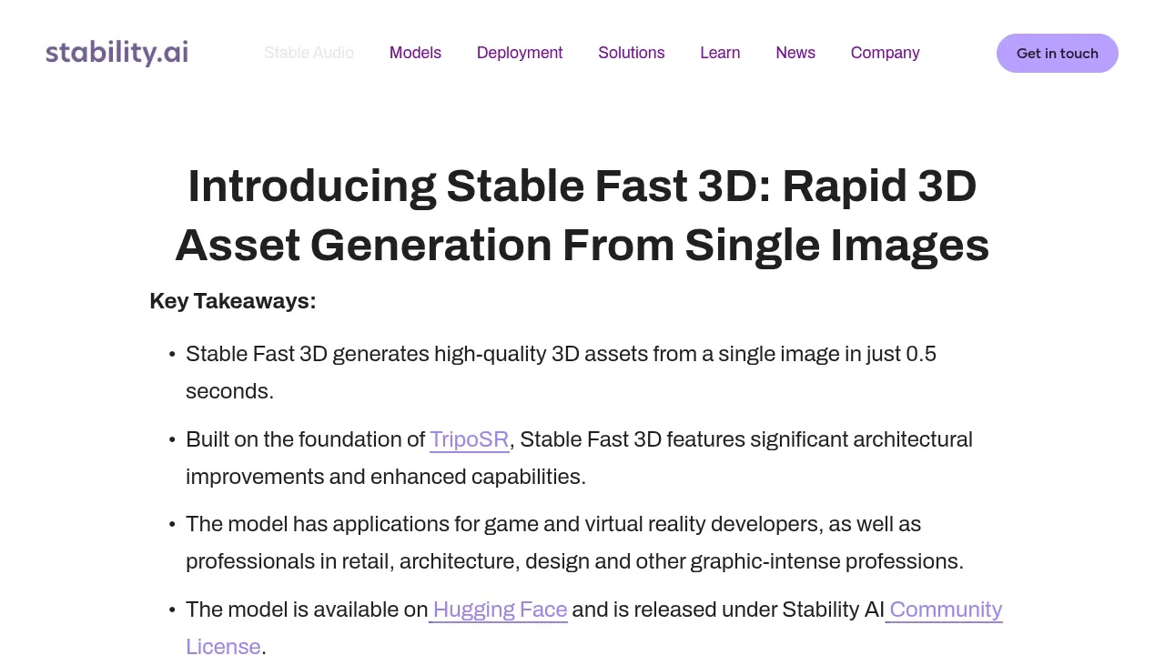 Screenshot of Stable Fast 3D website