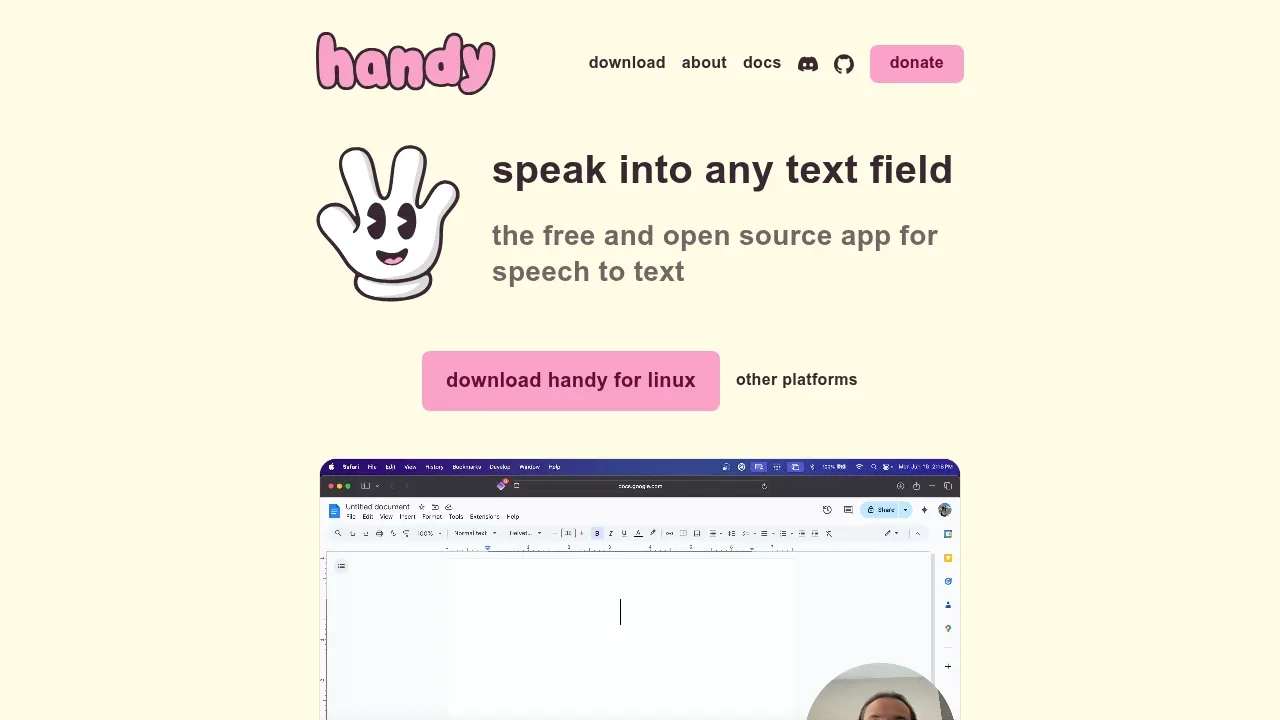 Screenshot of Handy website