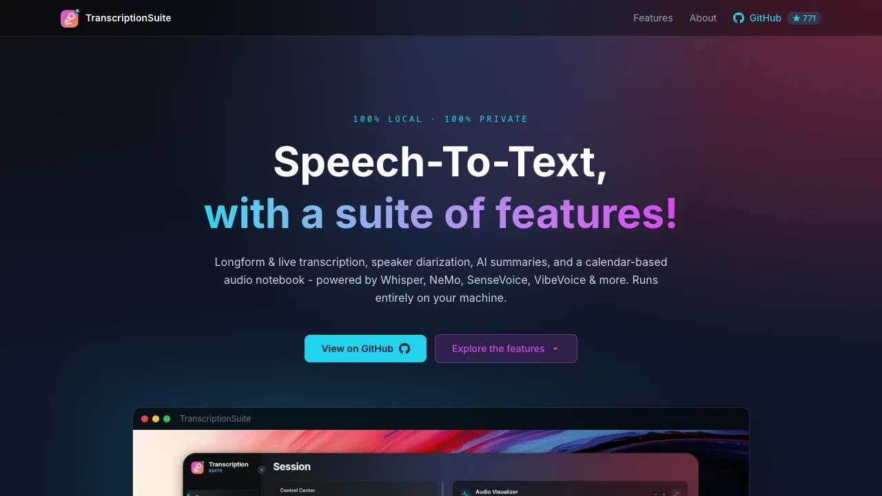 Screenshot of TranscriptionSuite website