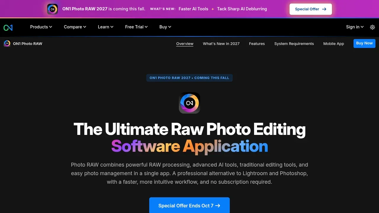 Screenshot of ON1 Photo RAW website