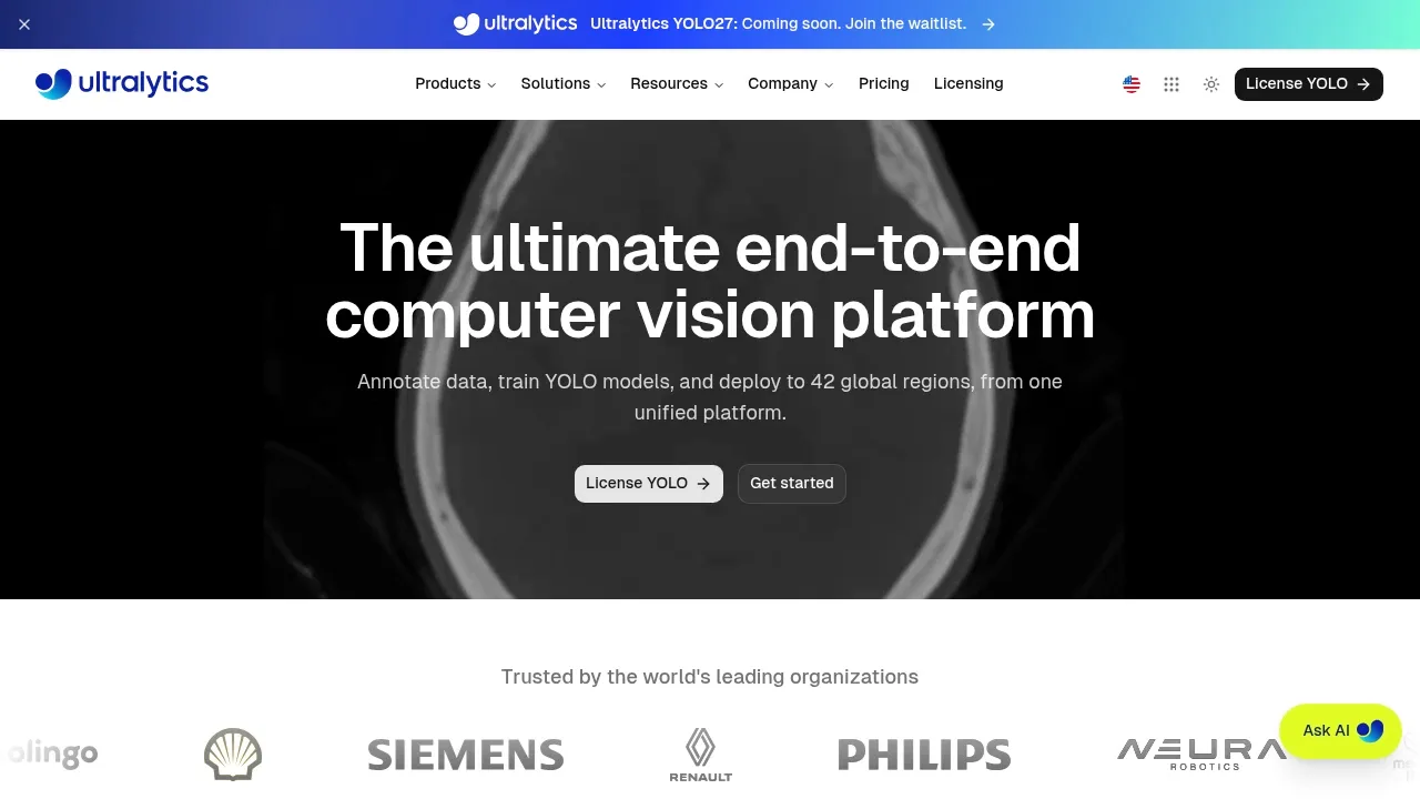 Screenshot of YOLO (Ultralytics) website