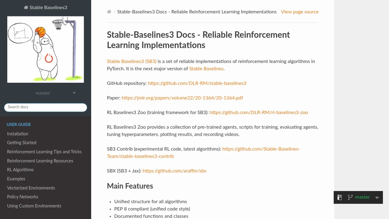 Screenshot of Stable Baselines3 website