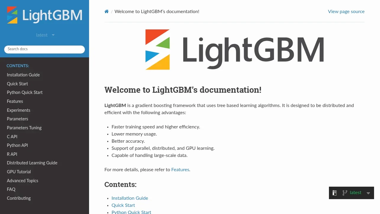 Screenshot of LightGBM website