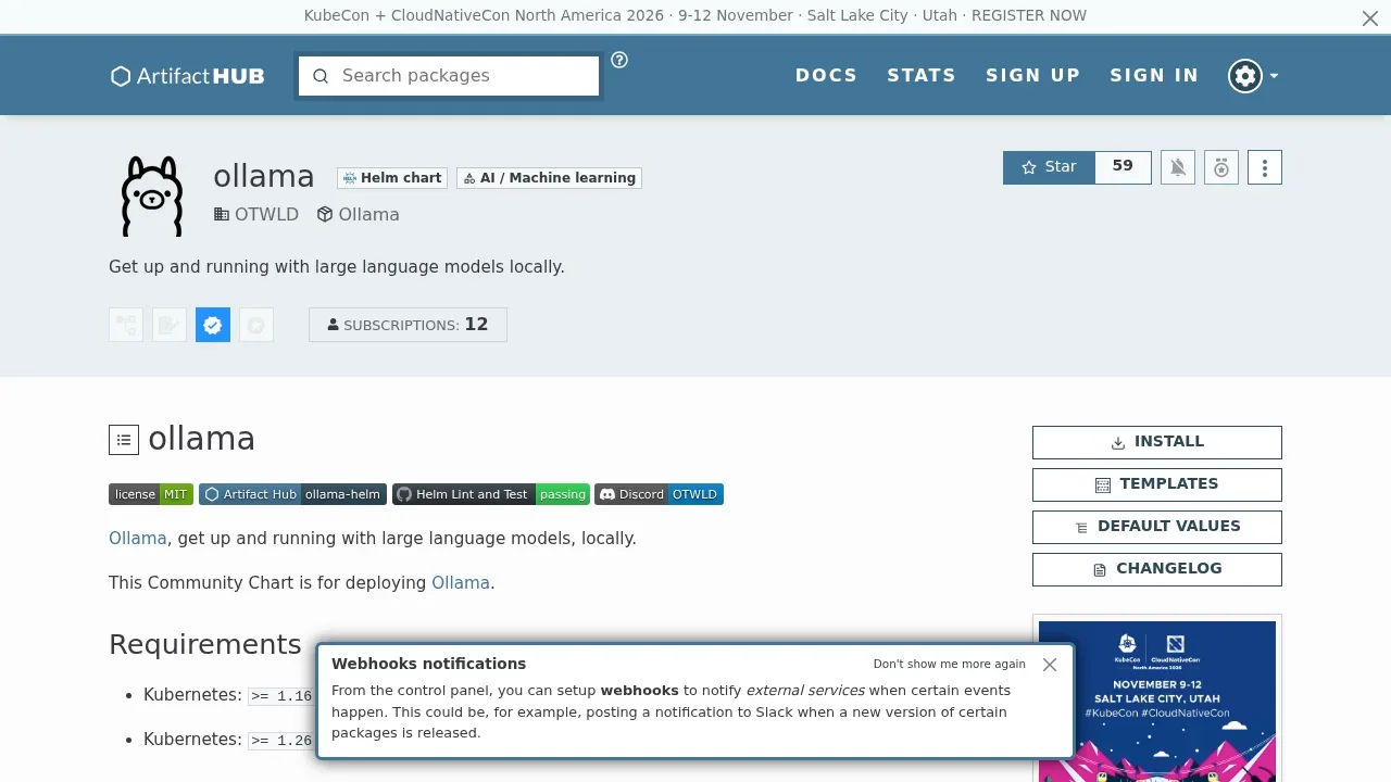Screenshot of Ollama Helm Chart website