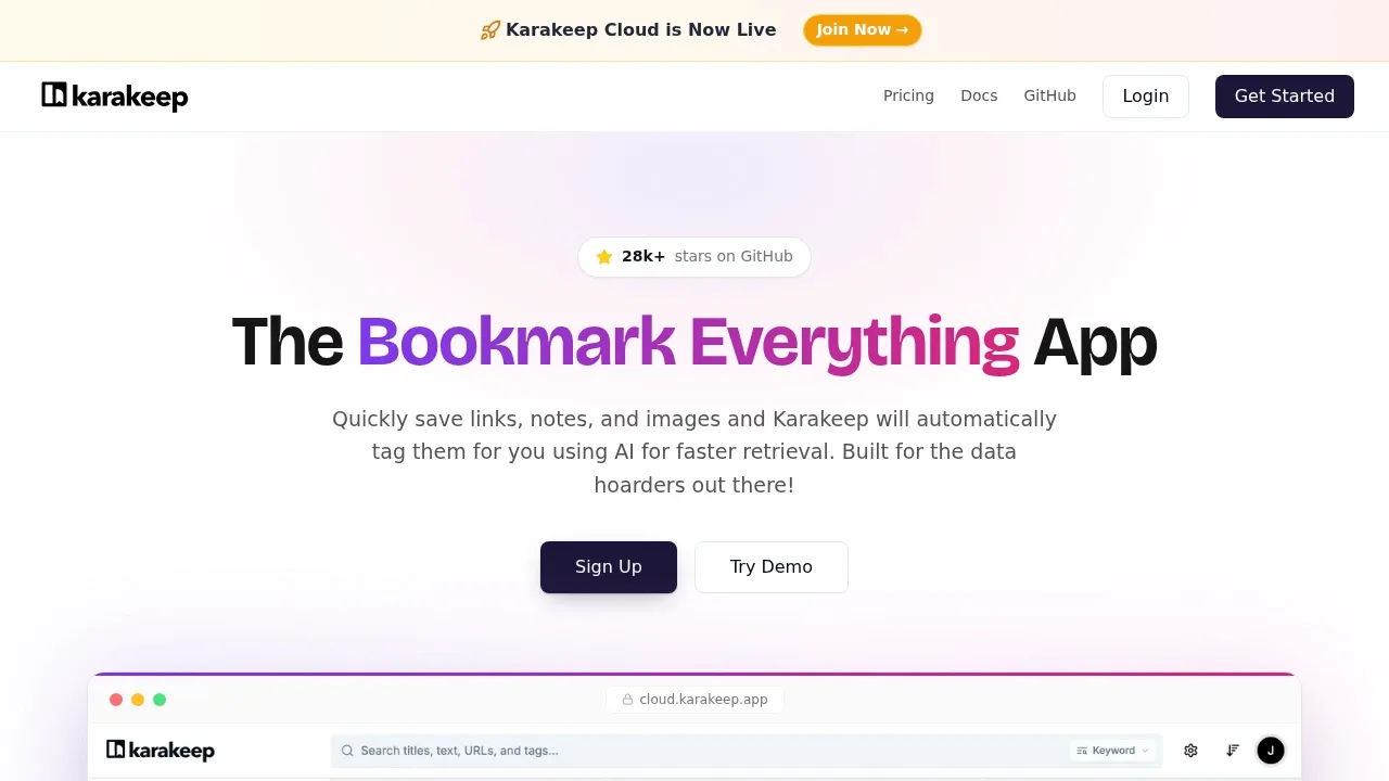 Screenshot of Karakeep website