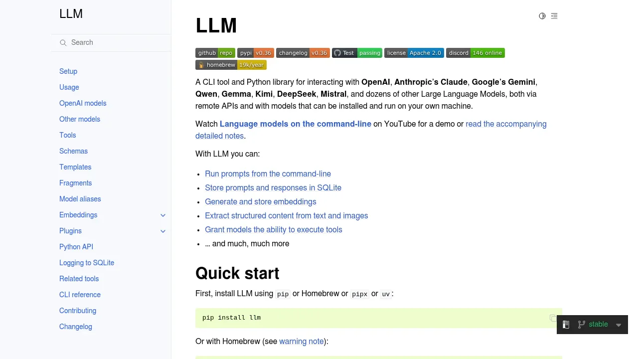 Screenshot of llm (Simon Willison) website