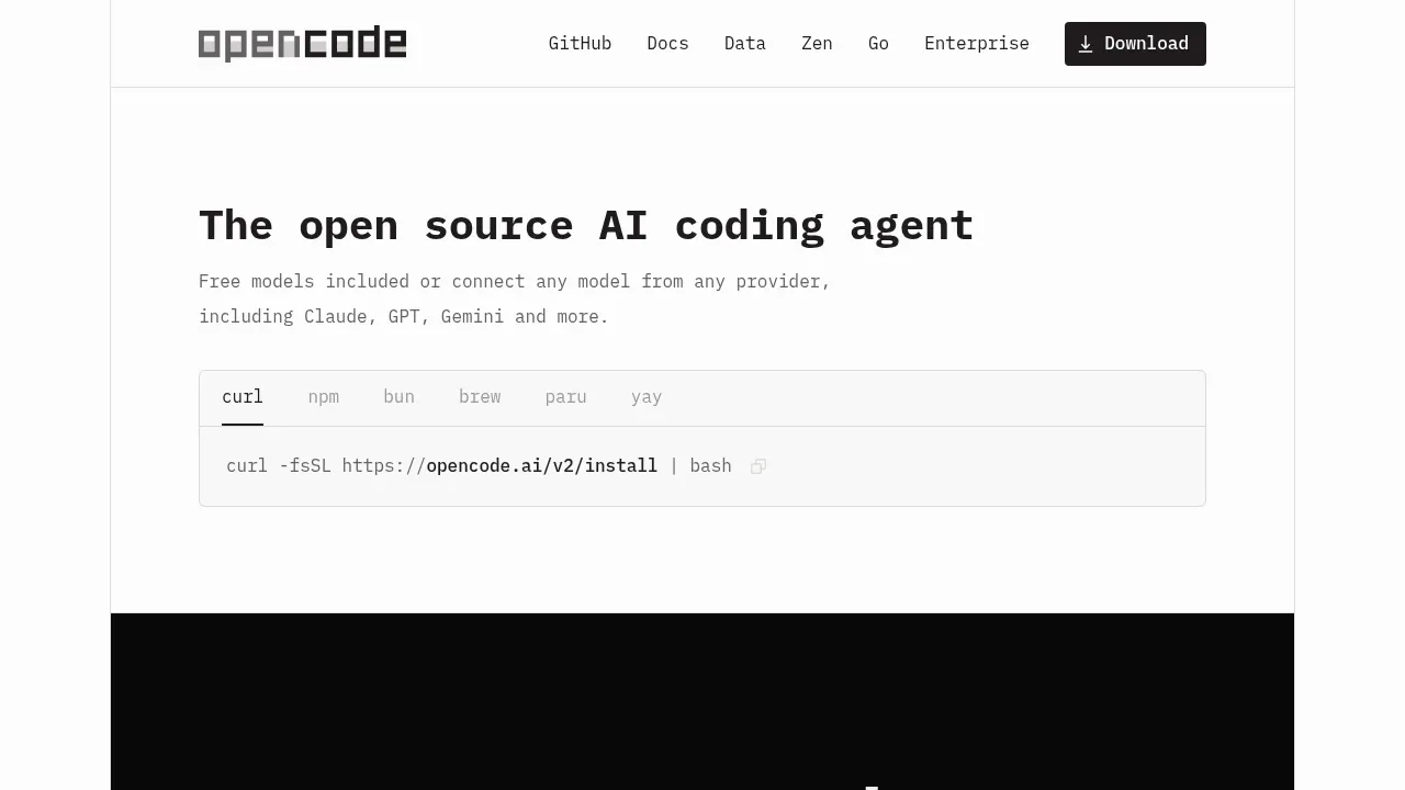 Screenshot of OpenCode website