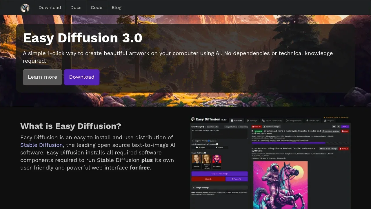 Screenshot of Easy Diffusion website