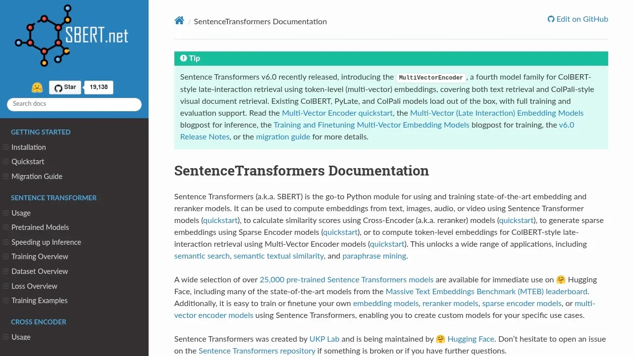 Screenshot of Sentence Transformers website
