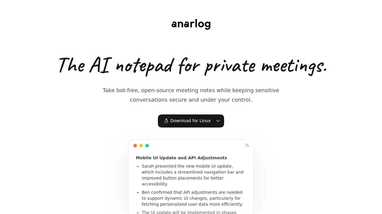 Screenshot of Anarlog (formerly Hyprnote) website
