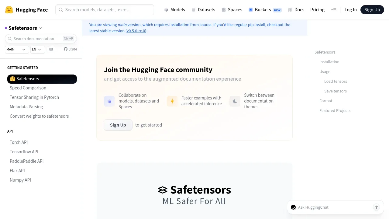 Screenshot of safetensors website