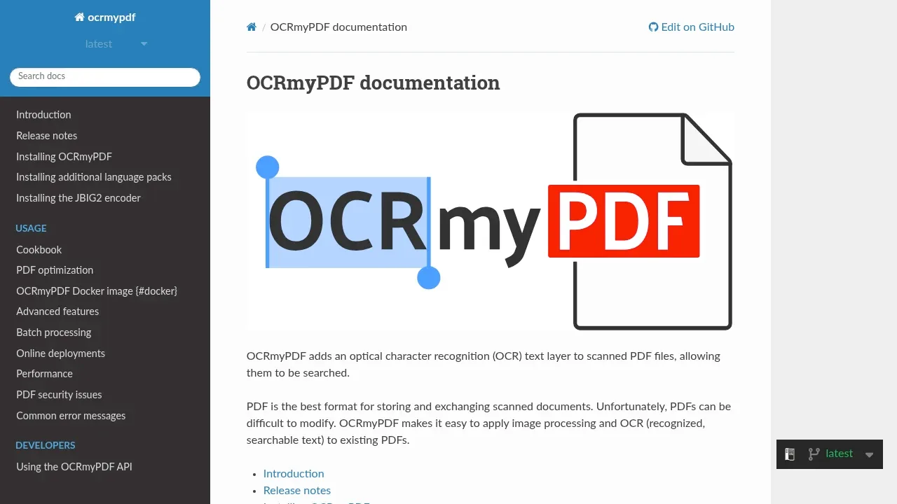 Screenshot of OCRmyPDF website