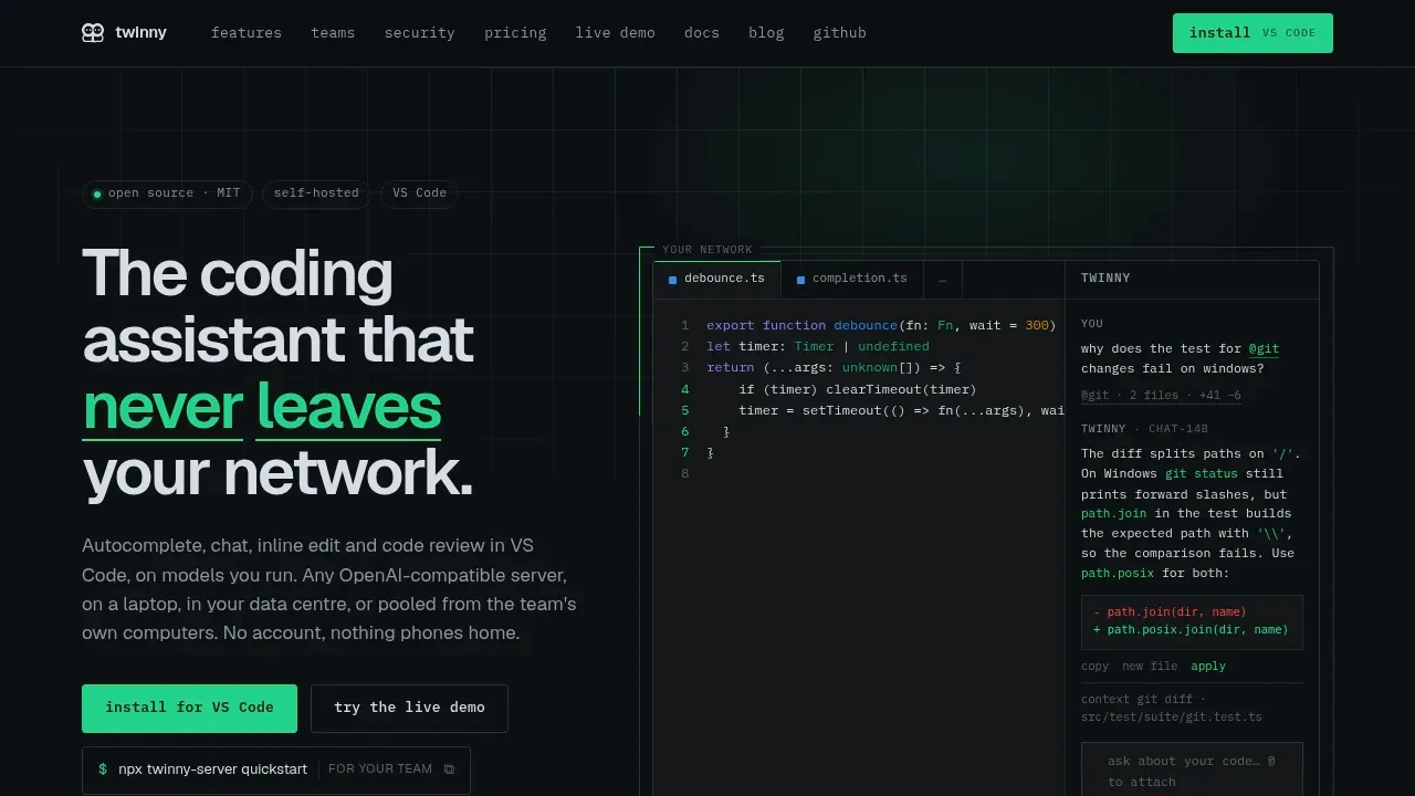 Screenshot of Twinny website
